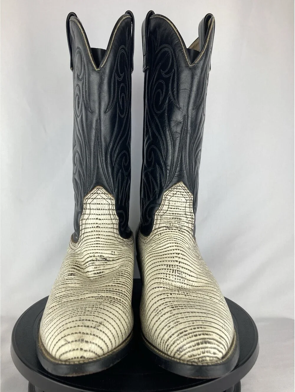Mens 8.5 3E Extra Wide Vintage Lizard Print Cowboy Boots Black White Western USA